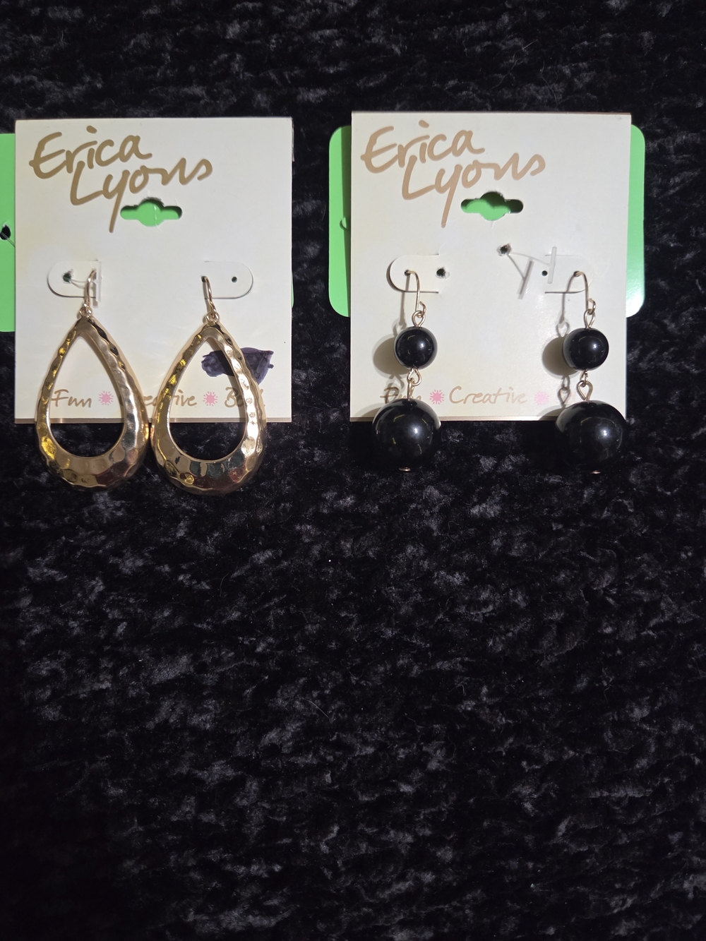 Erica Lyons Gold Hammered Teardrop & Black Bead Drop Earrings Set